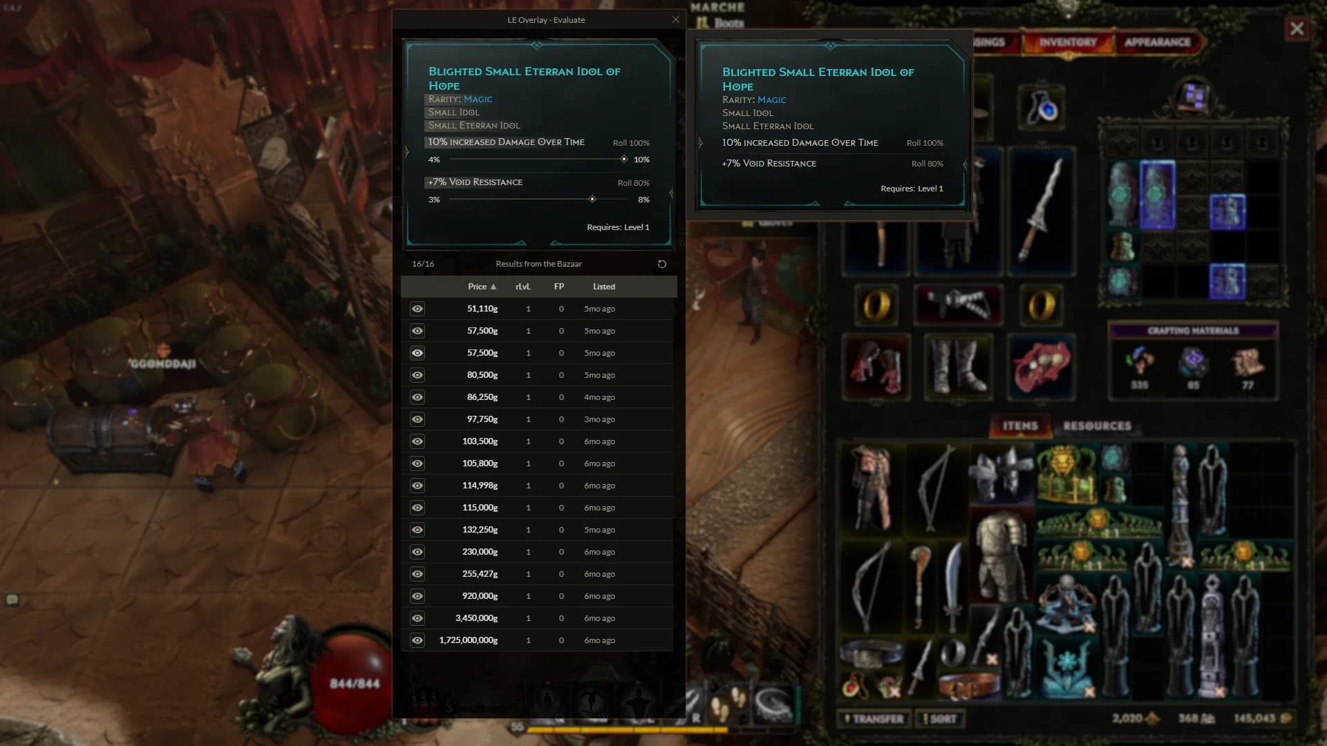 Bazaar listings and item filters in Last Epoch Overlay