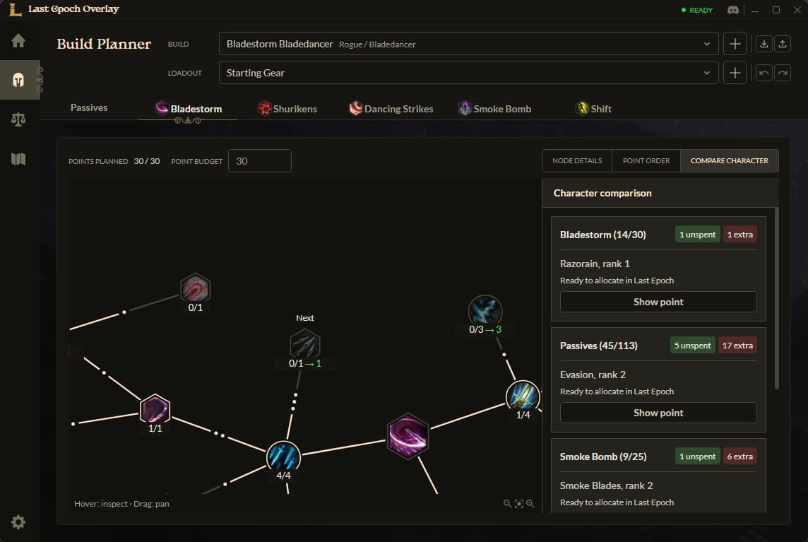 Last Epoch Overlay character comparison showing unspent and extra points, with the next planned allocation highlighted