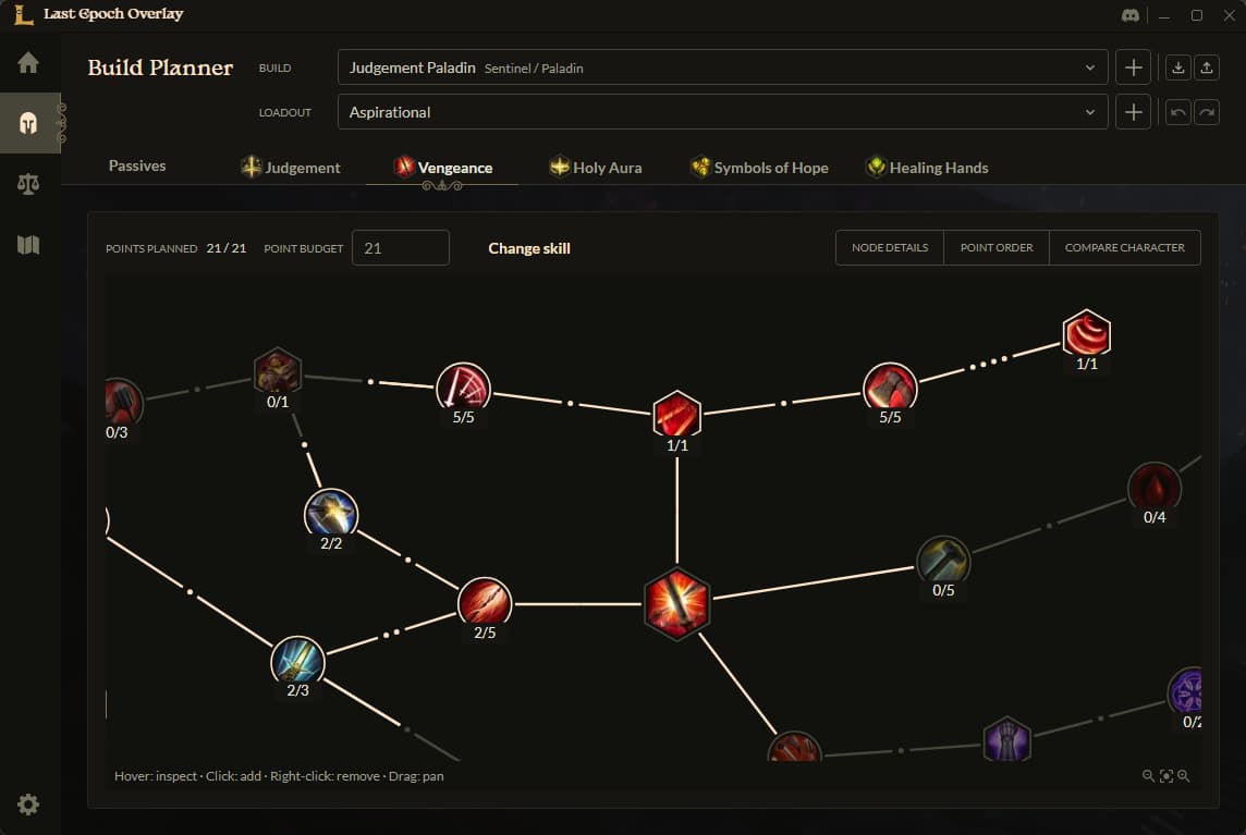 Last Epoch Overlay build planner showing the Judgement skill tree and a saved Paladin loadout